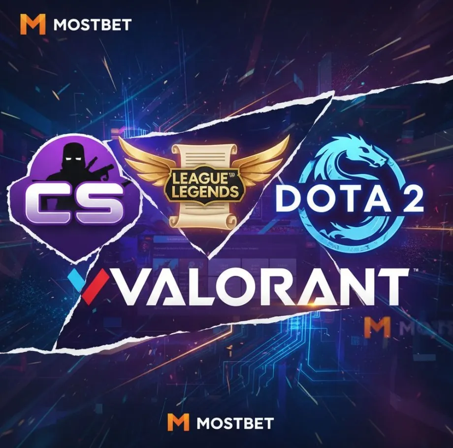 Colagem vibrante de logotipos de jogos populares de eSports como Counter-Strike, League of Legends, Dota 2 e Valorant, sobrepostos em um fundo digital que representa a plataforma de apostas da Mostbet, ilustrando a diversidade de jogos disponíveis.